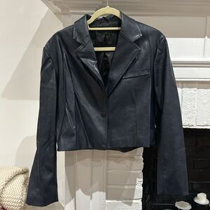 Vintage Navy Blue Cropped Leather Jacket